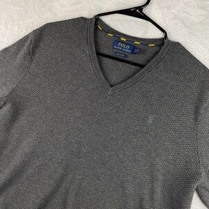 Polo Ralph Lauren Sweater Mens XL Gray Herringbone V Neck Pima Knit Pullover